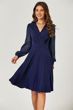 Long Sleeve Pleated Detail Midi Dress In Navy