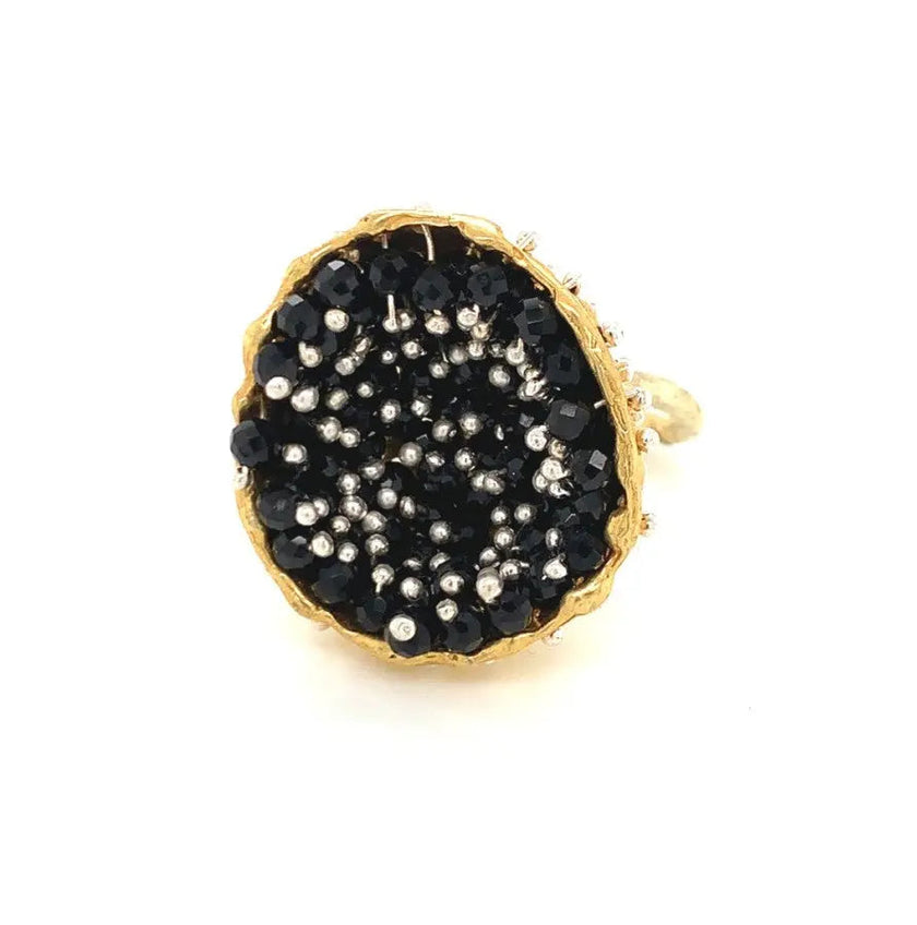 Dance of Stamens Medium Ring, Gold Plate Hollow Bezel with Black Spinel