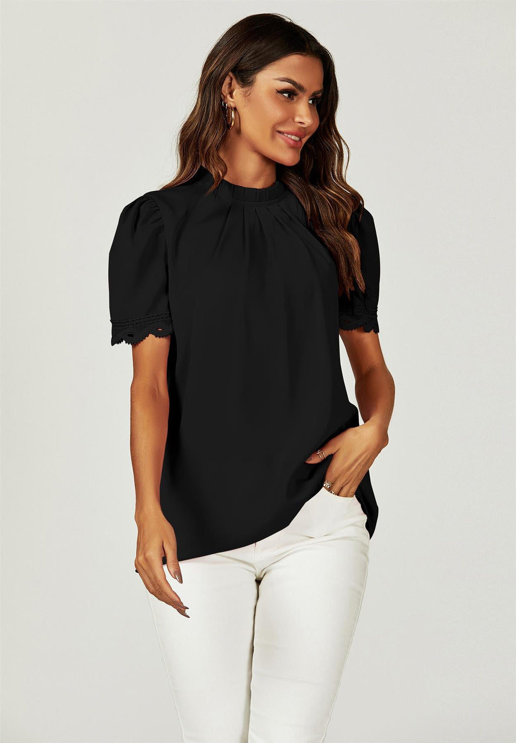 Lace Trim Detail Short Sleeve High Neck Blouse Top In Black