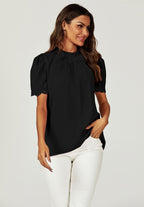 Lace Trim Detail Short Sleeve High Neck Blouse Top In Black