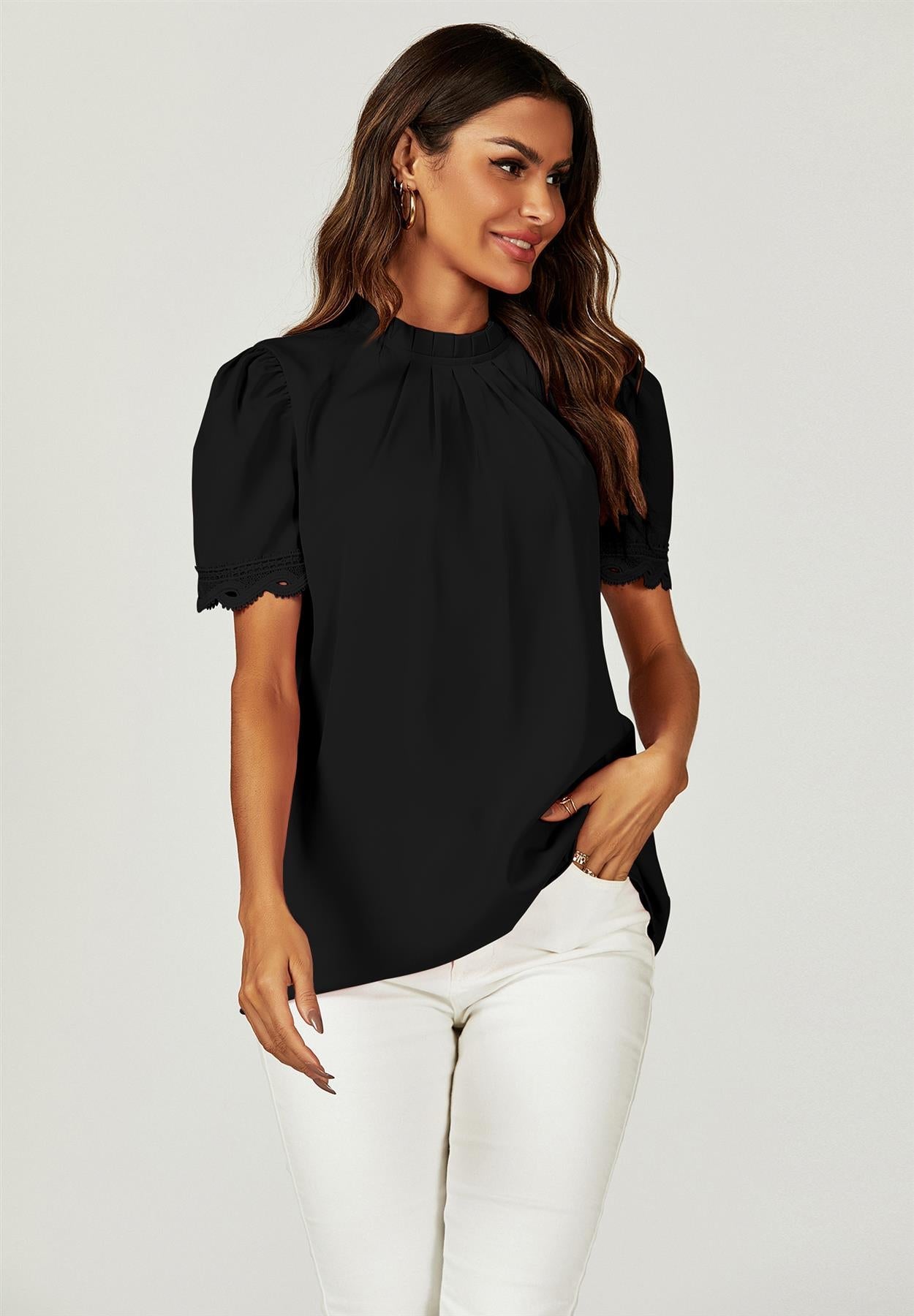 Lace Trim Detail Short Sleeve High Neck Blouse Top In Black