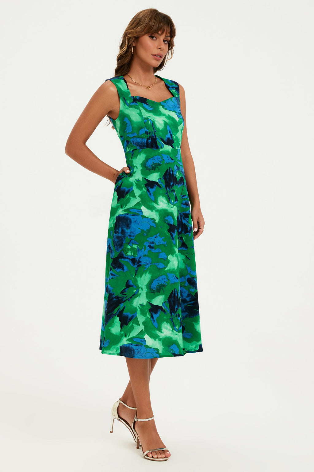 Abstract Floral Print Heart Neck Midi Green