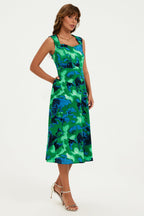 Abstract Floral Print Heart Neck Midi Green