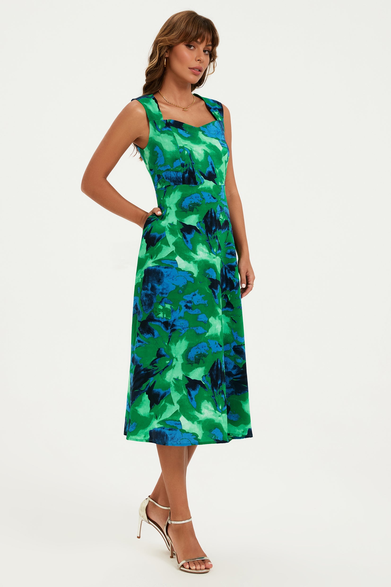 Abstract Floral Print Heart Neck Midi Green