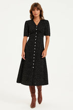 Dot Print Button Front Midi Dress In Black