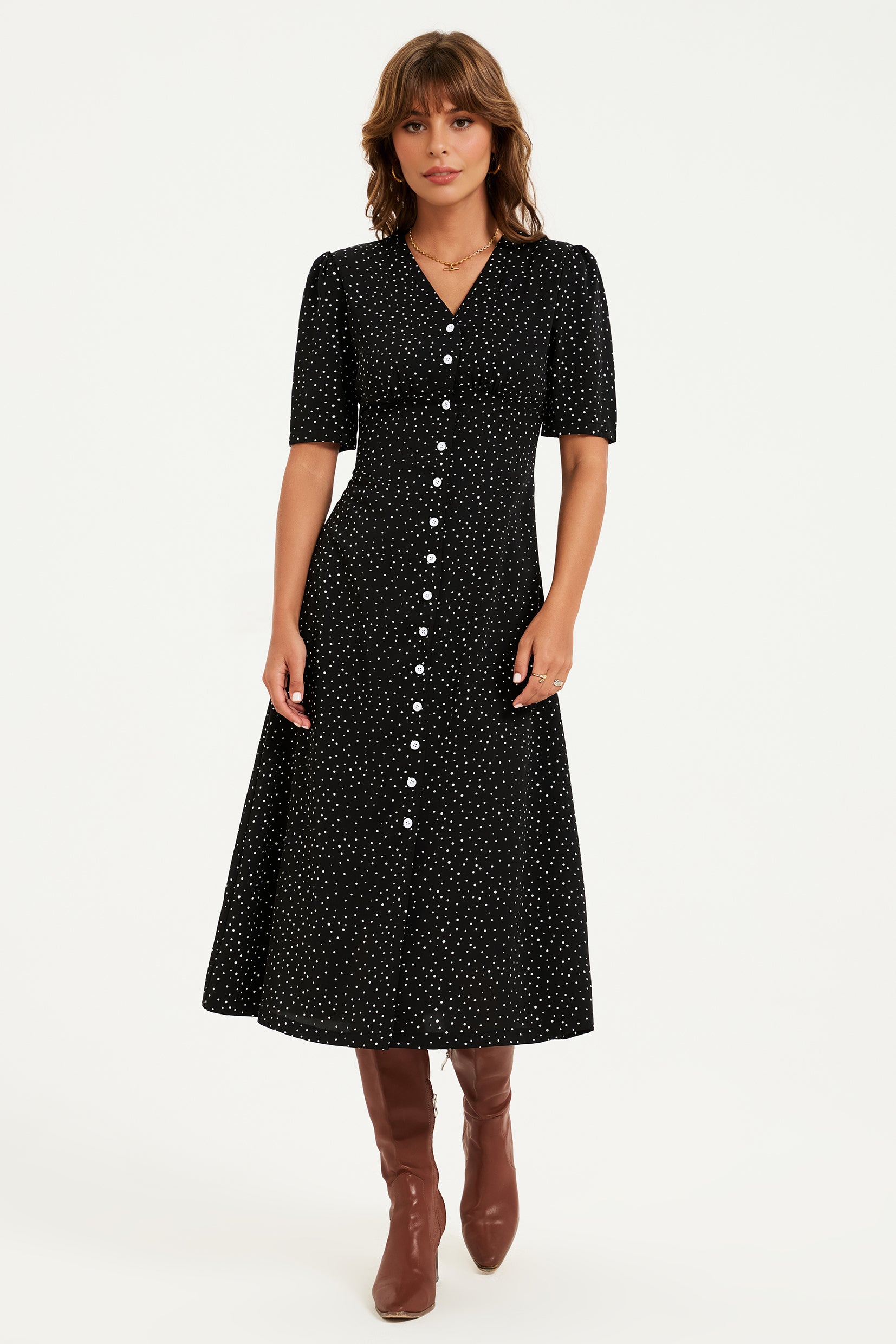 Dot Print Button Front Midi Dress In Black