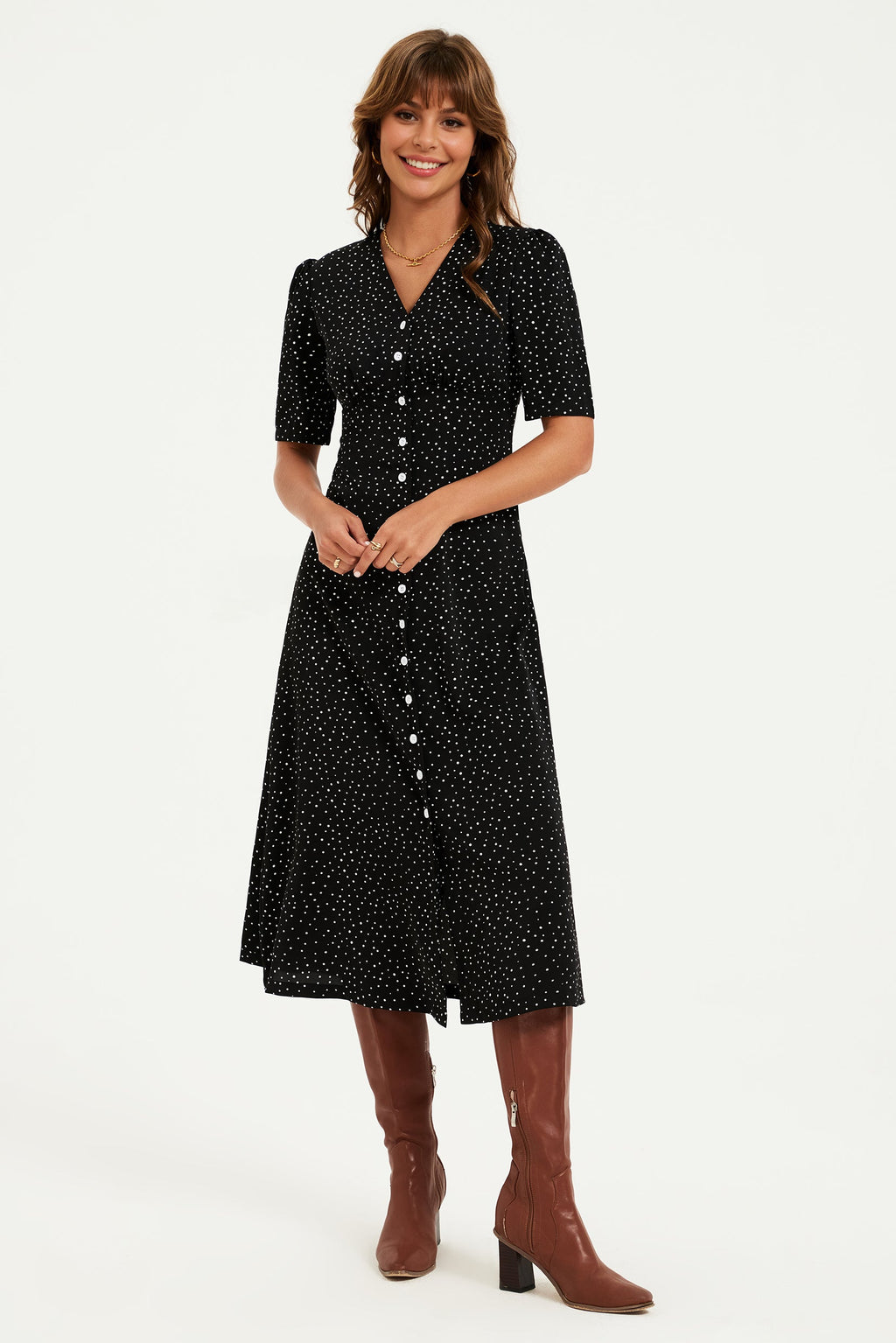 Dot Print Button Front Midi Dress In Black