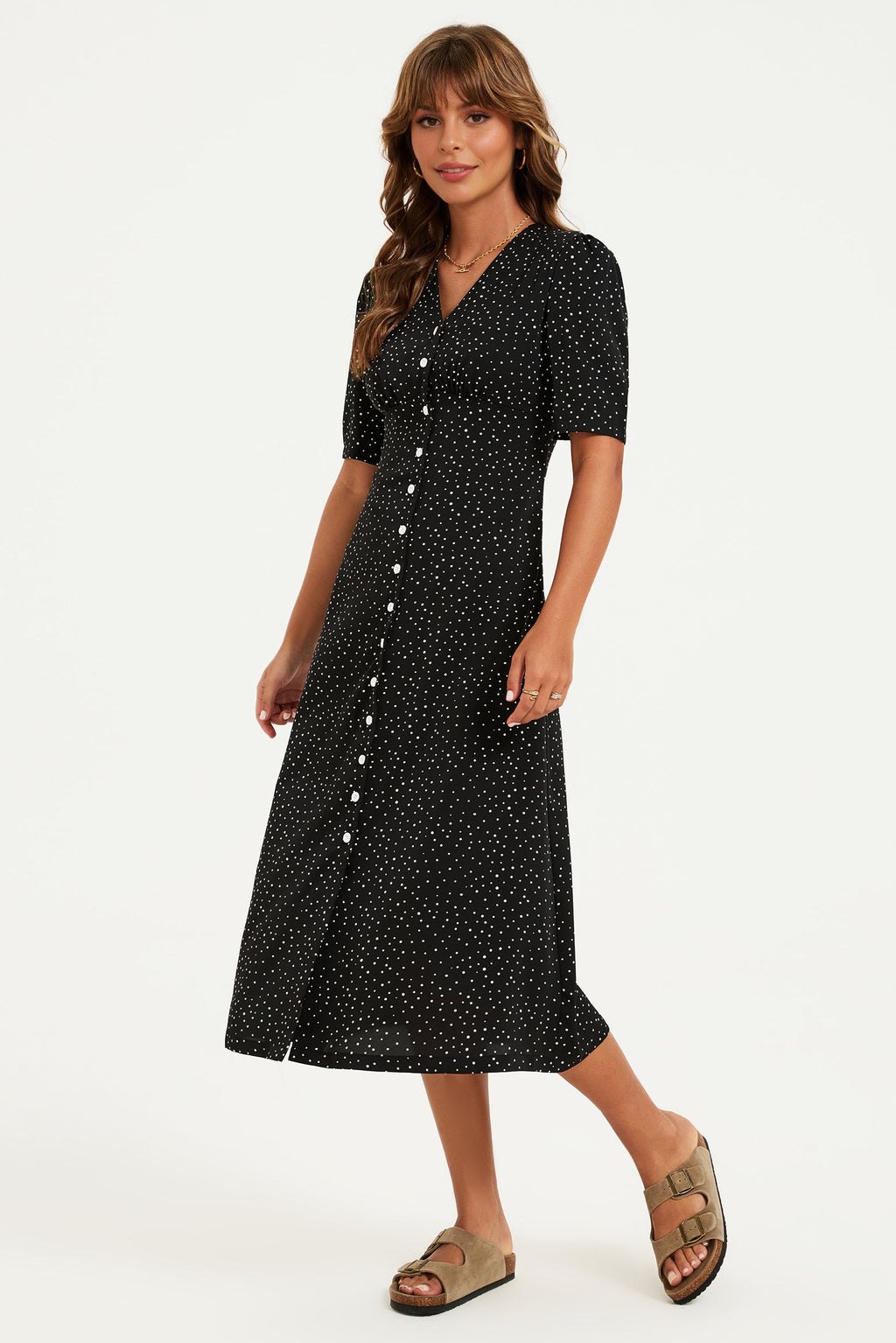 Dot Print Button Front Midi Dress In Black