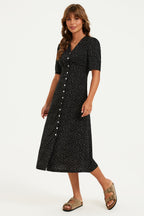 Dot Print Button Front Midi Dress In Black