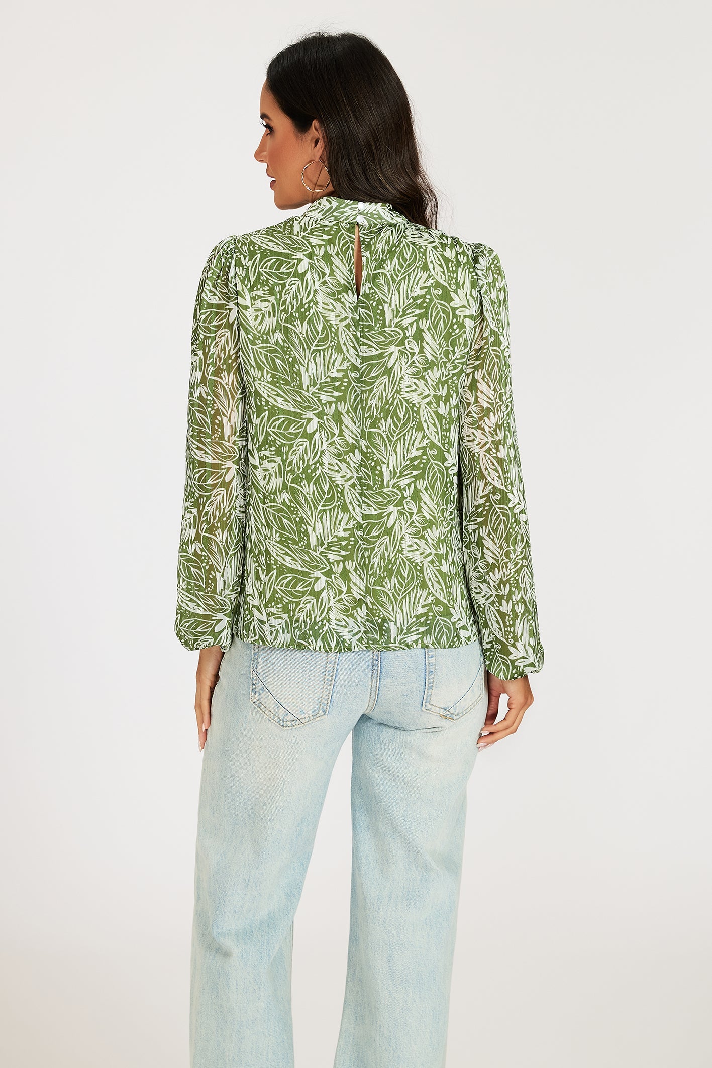 Silver Thread Leaf Print Long Sleeve Blouse Top In Green