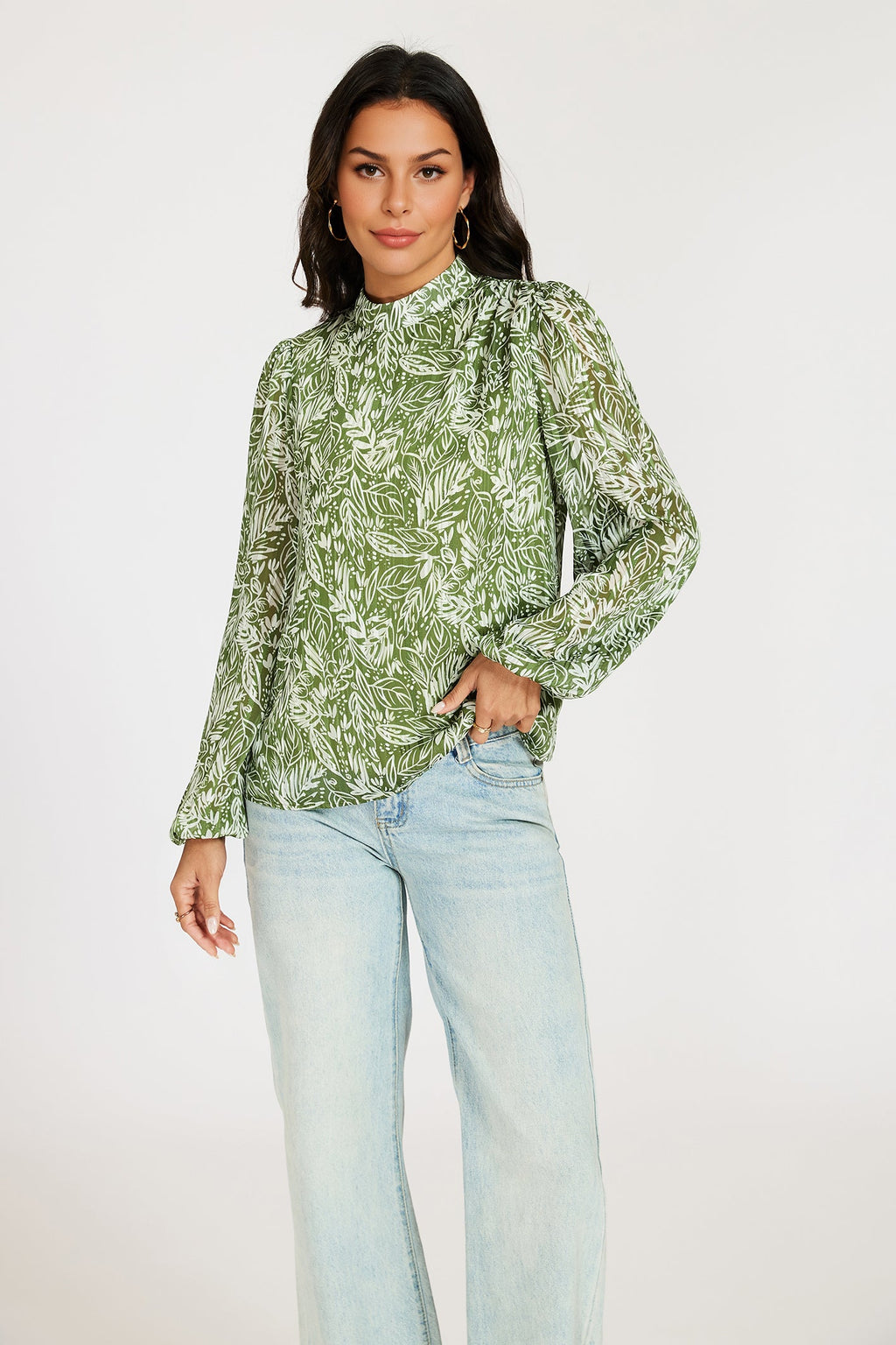 Silver Thread Leaf Print Long Sleeve Blouse Top In Green