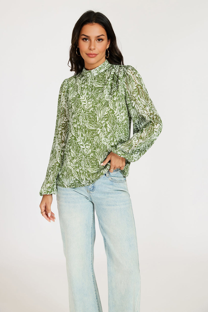 Silver Thread Leaf Print Long Sleeve Blouse Top In Green