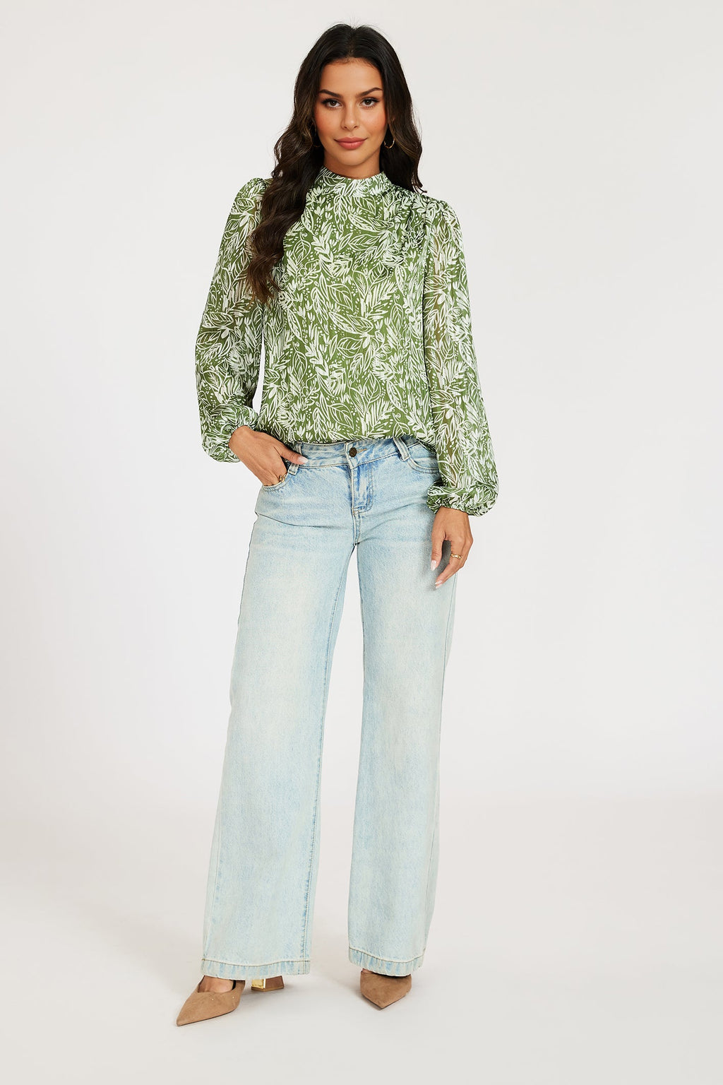 Silver Thread Leaf Print Long Sleeve Blouse Top In Green