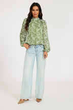 Silver Thread Leaf Print Long Sleeve Blouse Top In Green