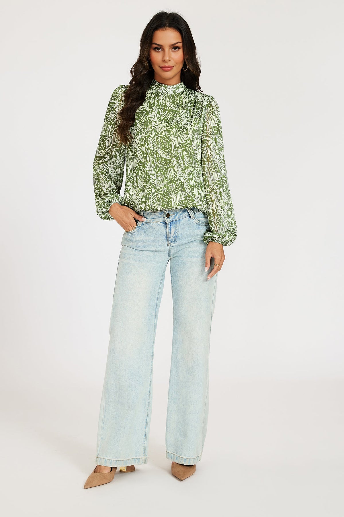 Silver Thread Leaf Print Long Sleeve Blouse Top In Green