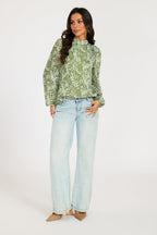 Silver Thread Leaf Print Long Sleeve Blouse Top In Green