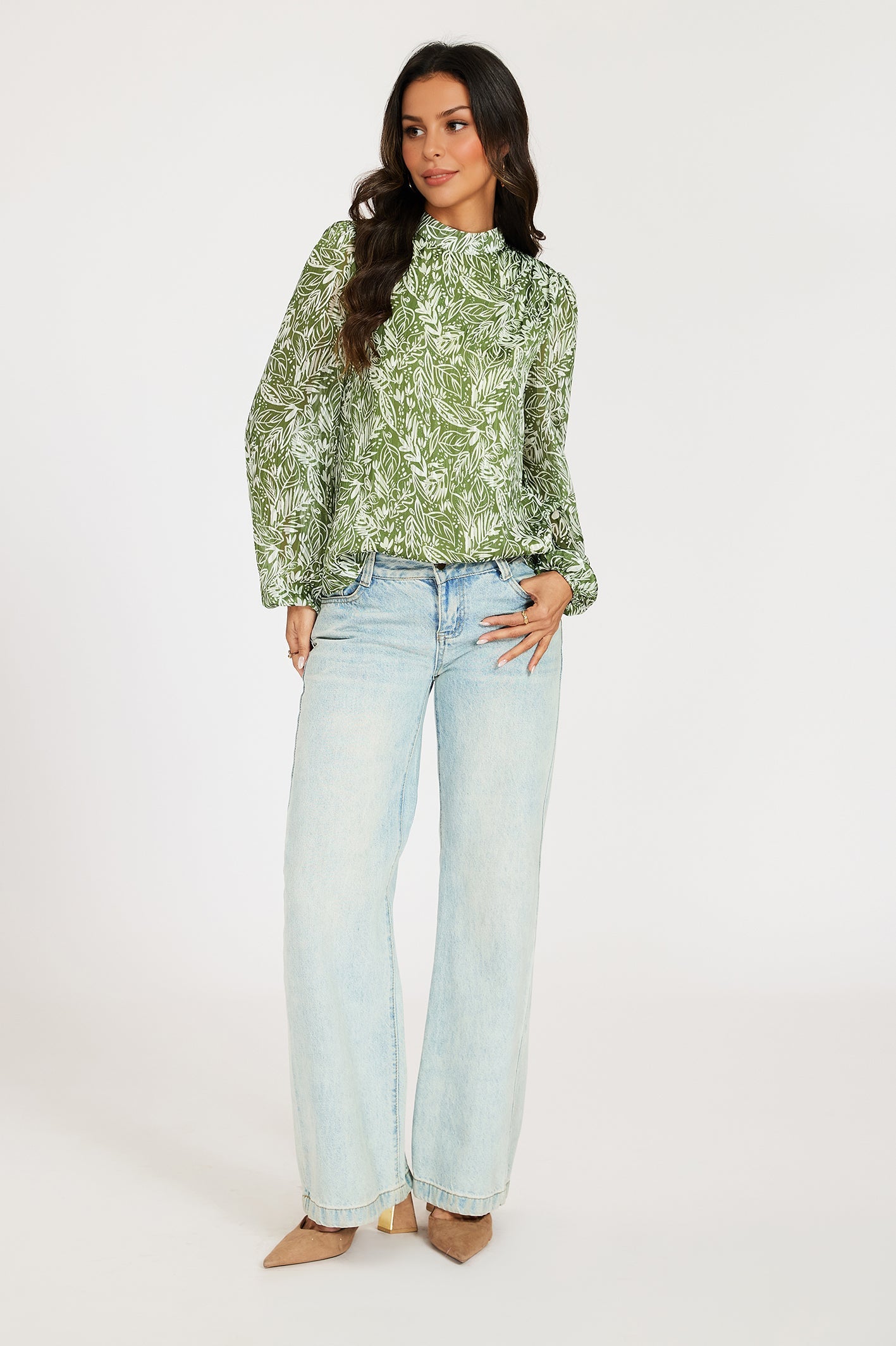 Silver Thread Leaf Print Long Sleeve Blouse Top In Green
