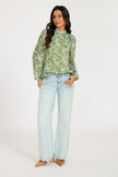 Silver Thread Leaf Print Long Sleeve Blouse Top In Green