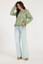 Silver Thread Leaf Print Long Sleeve Blouse Top In Green