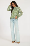 Silver Thread Leaf Print Long Sleeve Blouse Top In Green