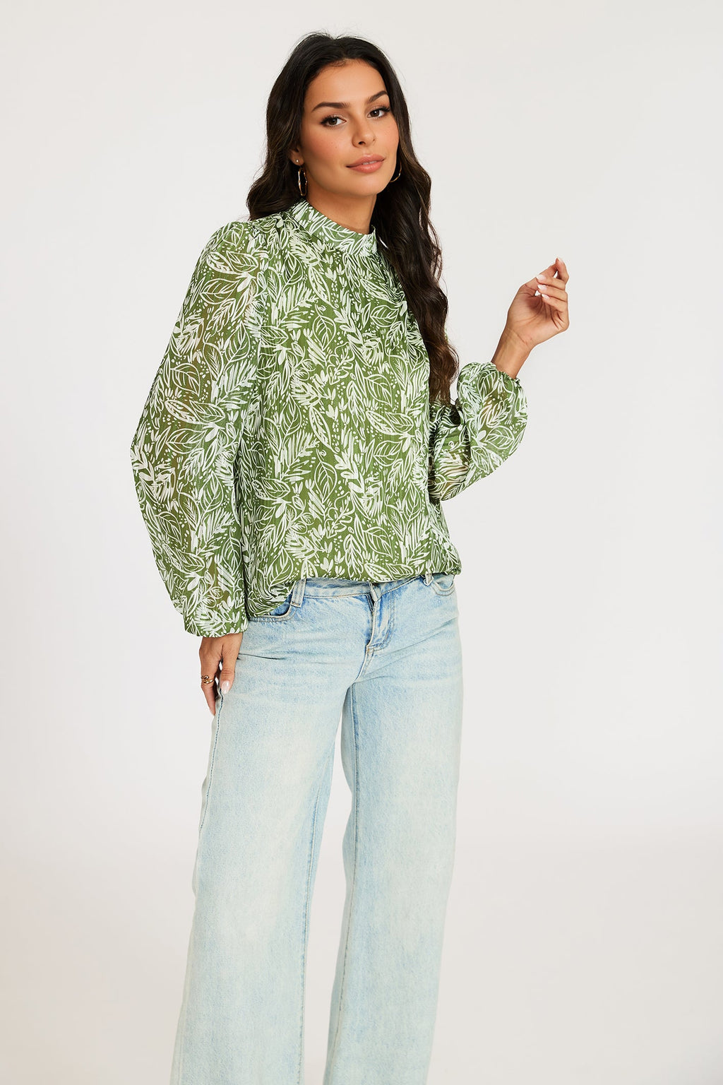 Silver Thread Leaf Print Long Sleeve Blouse Top In Green