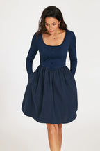 Square Neck Button-Front Long Sleeve Mini Dress In Navy