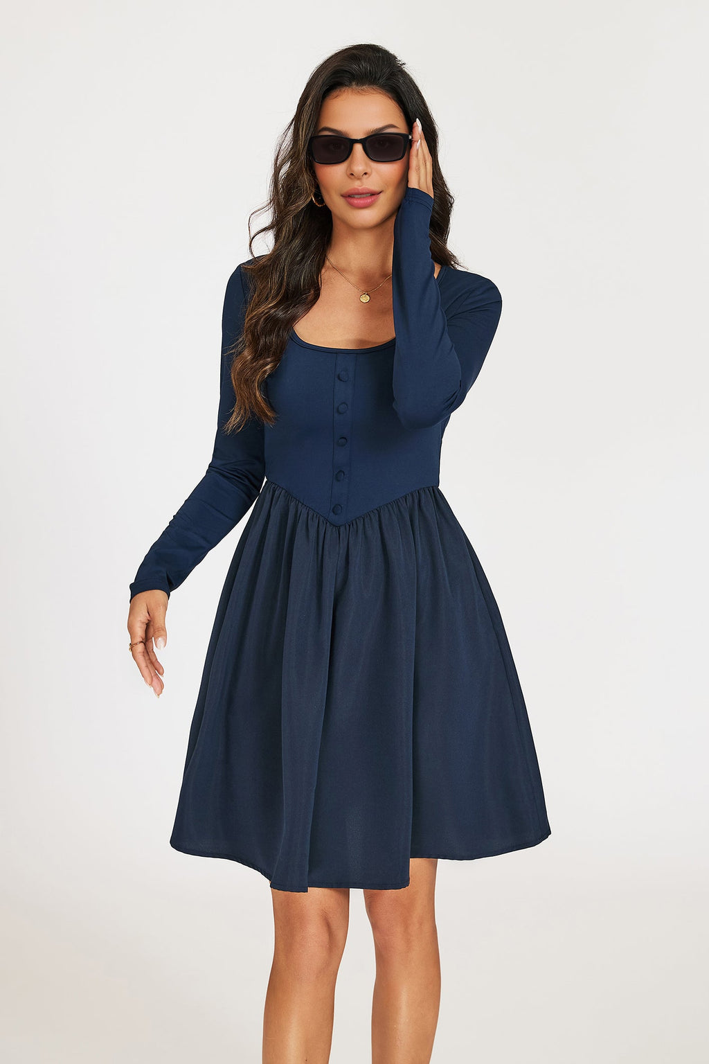 Square Neck Button-Front Long Sleeve Mini Dress In Navy