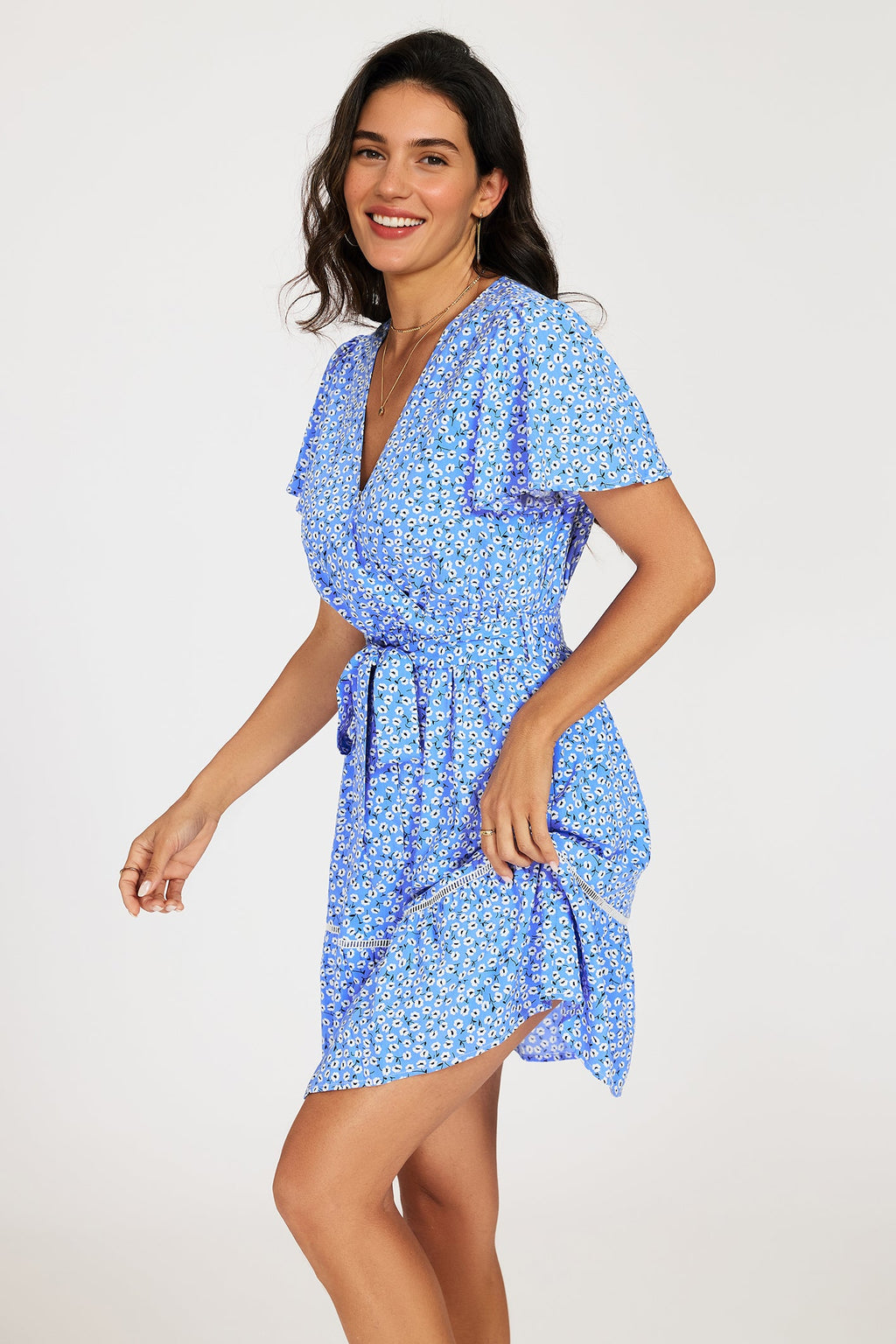 Wrap Top Floral Print Hem Mini Dress In Blue