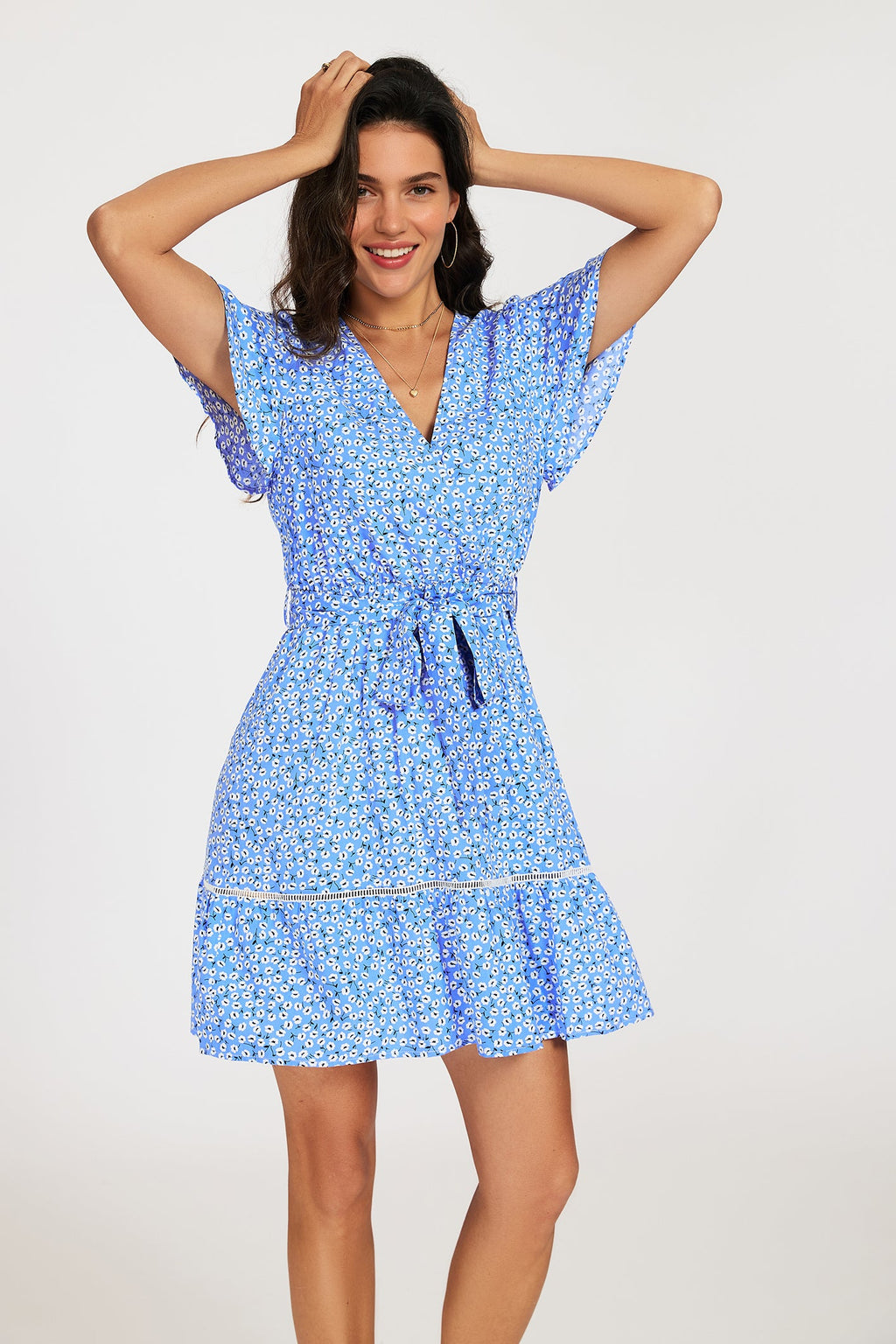 Wrap Top Floral Print Hem Mini Dress In Blue
