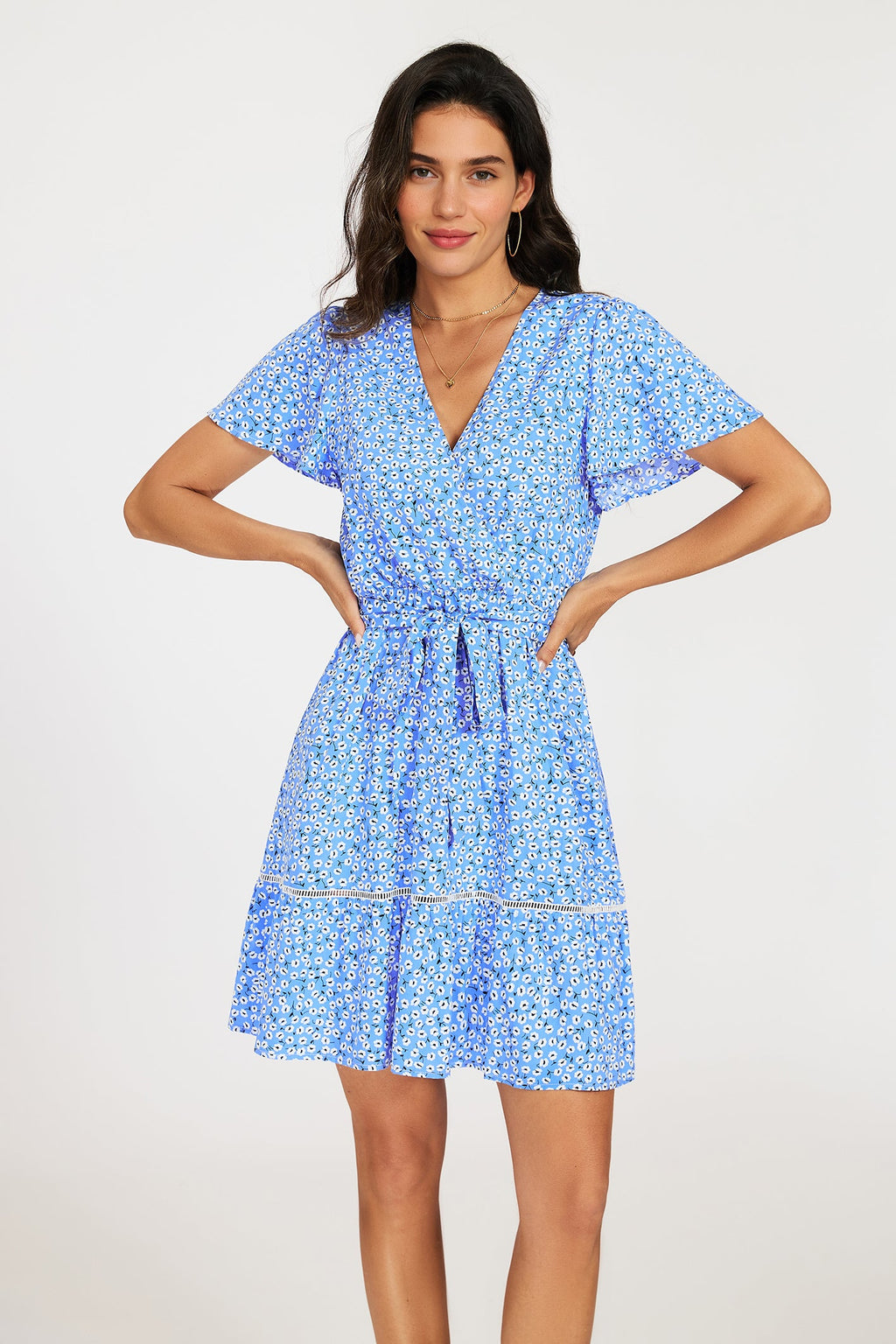 Wrap Top Floral Print Hem Mini Dress In Blue