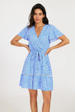 Wrap Top Floral Print Hem Mini Dress In Blue