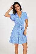 Wrap Top Floral Print Hem Mini Dress In Blue