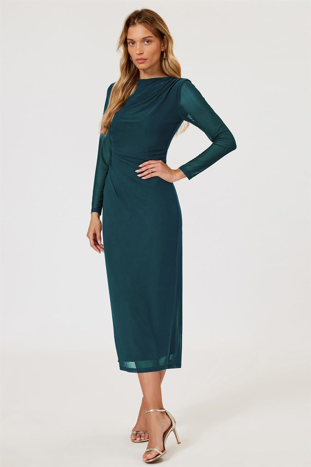 Long Sleeves Mesh Midi Dress In Teal