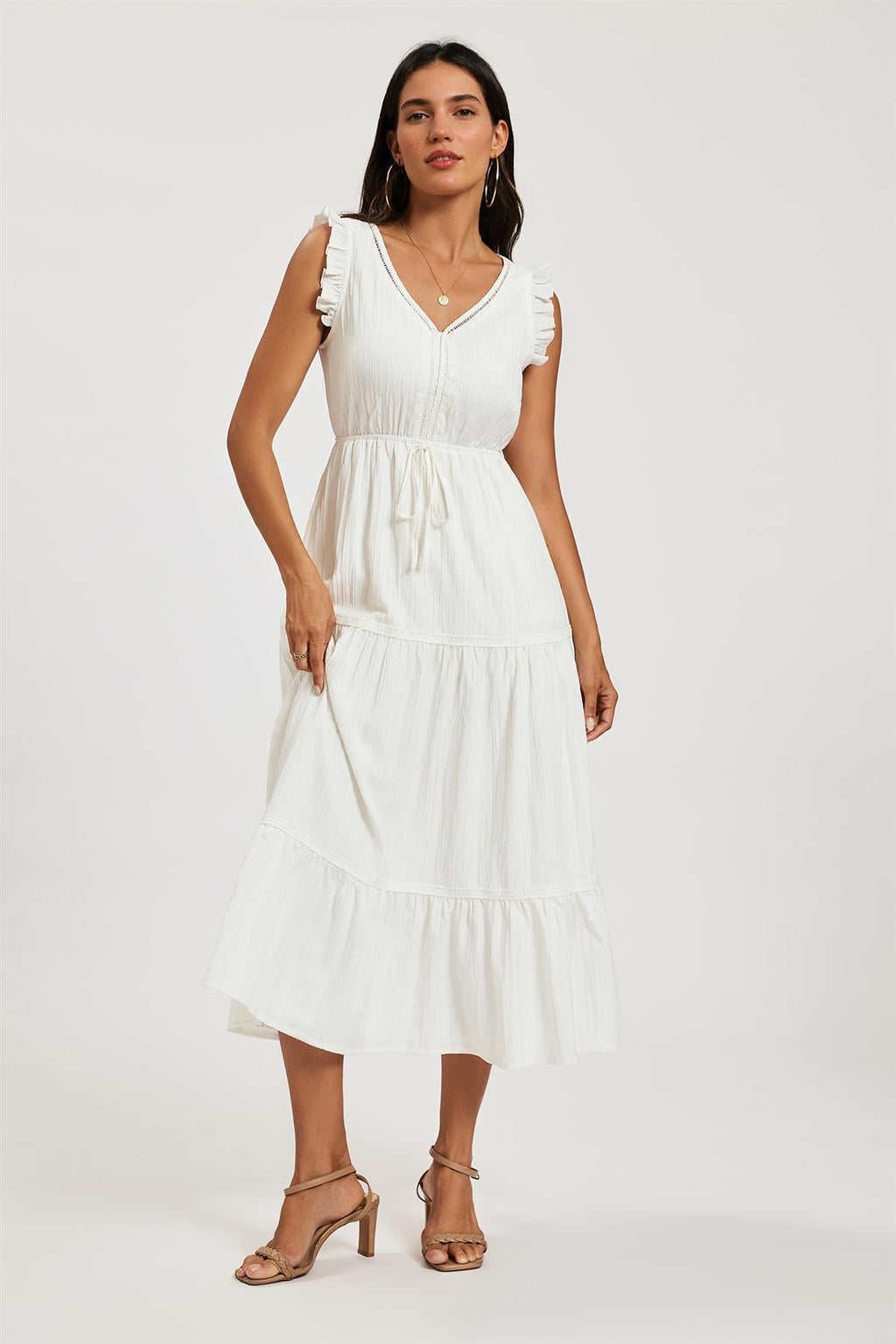 Frill Sleeve Lace Detail Midi Dress In White