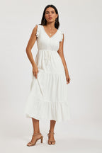 Frill Sleeve Lace Detail Midi Dress In White