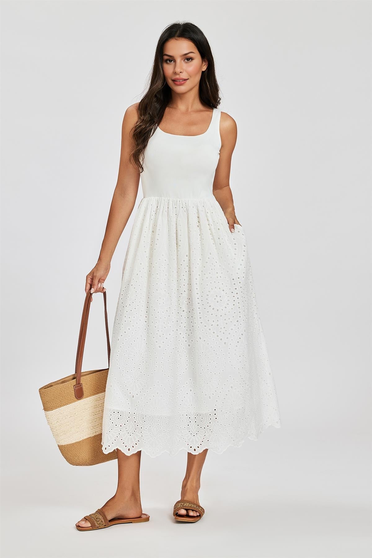 Sleeveless Jersey Top Broderie Midi Dress In White