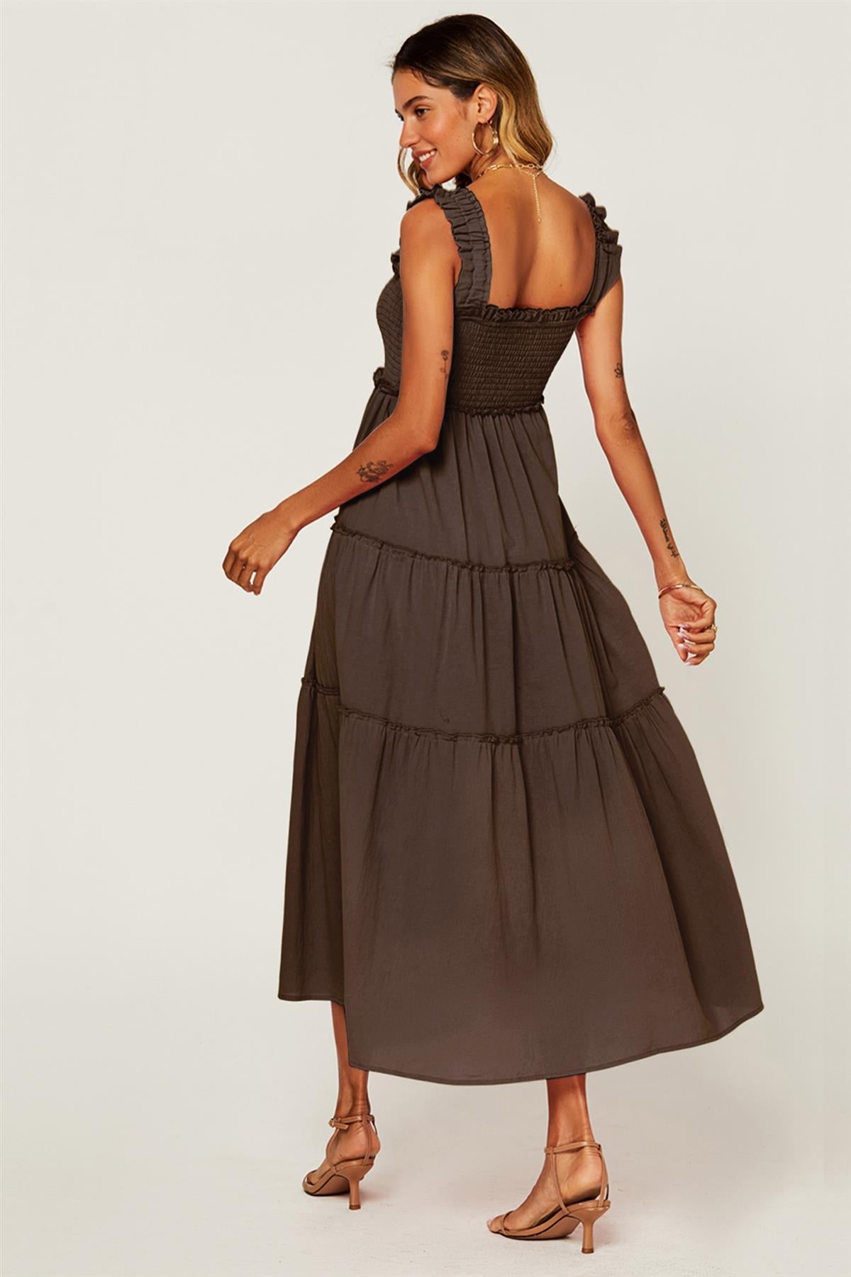 Hem Detail Tiered Maxi Dress In Brown