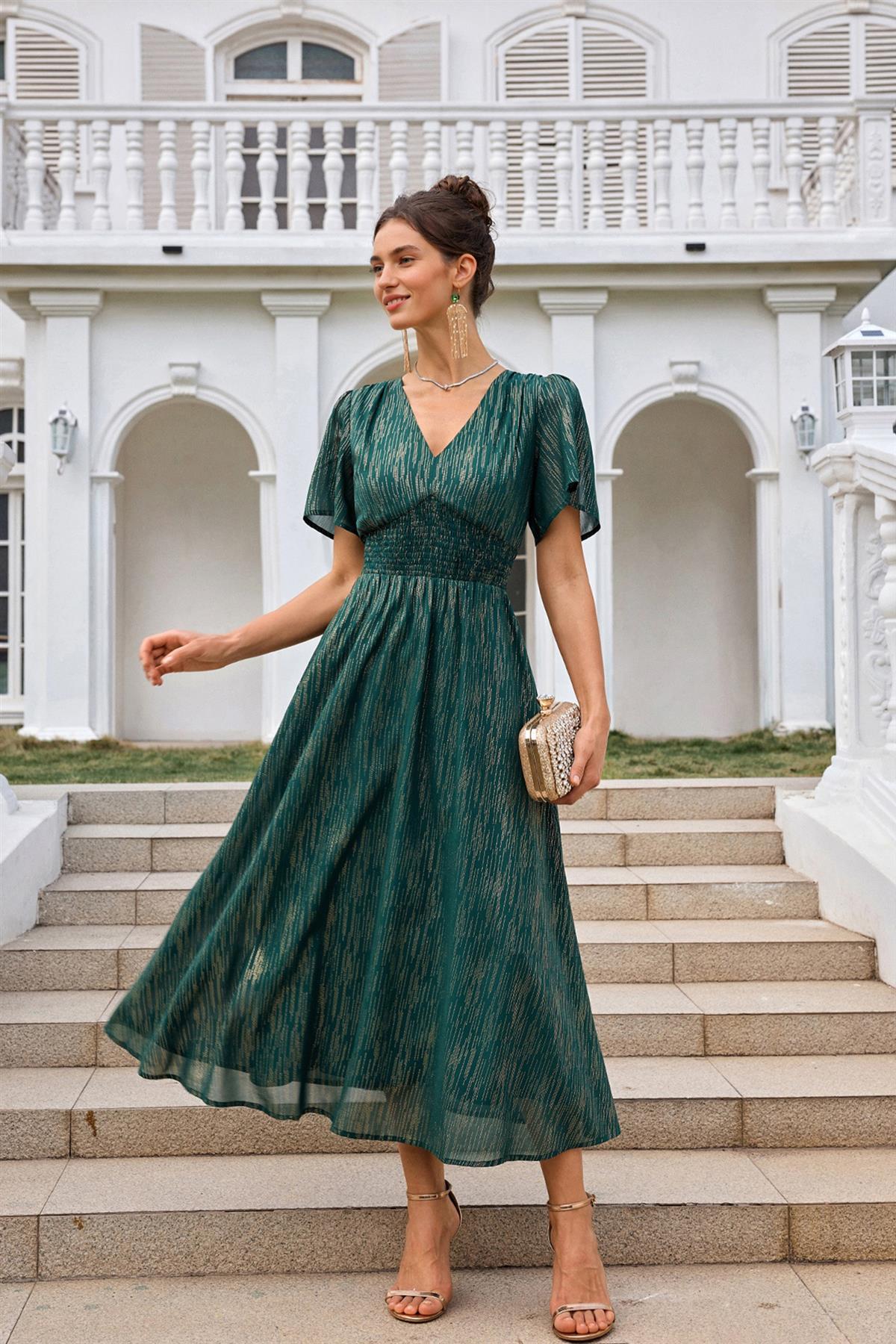 Angel Sleeve Gold Stripe Foil Midi Dress In Green