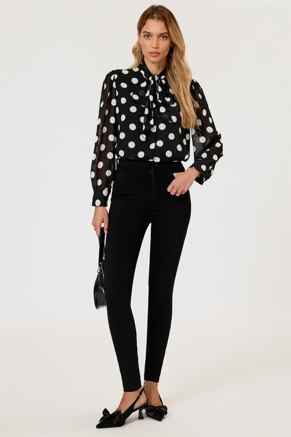 Dot Print Tie Detail long sleeve Blouse Top In Black