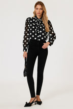 Dot Print Tie Detail long sleeve Blouse Top In Black