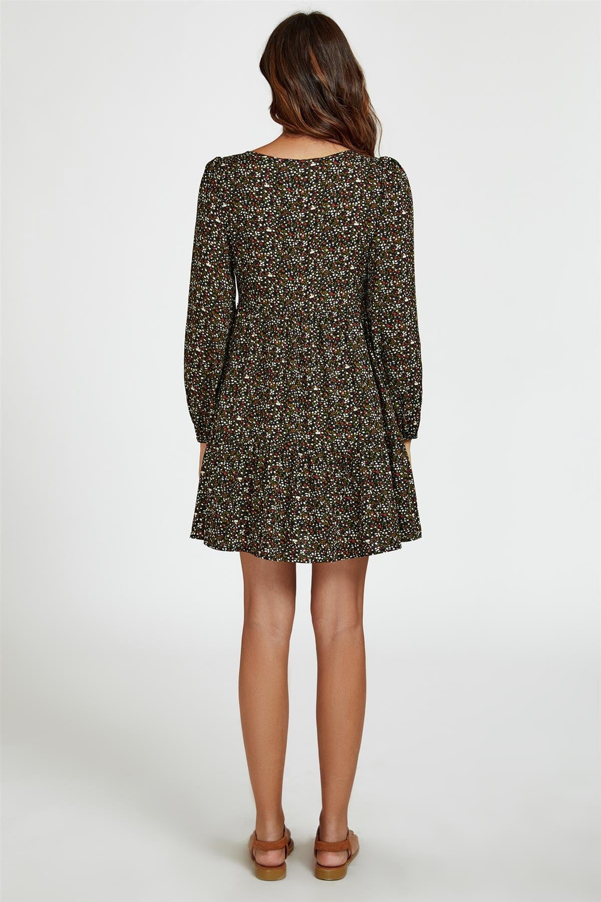 Little Floral Print Square Neck Mini Dress In Black