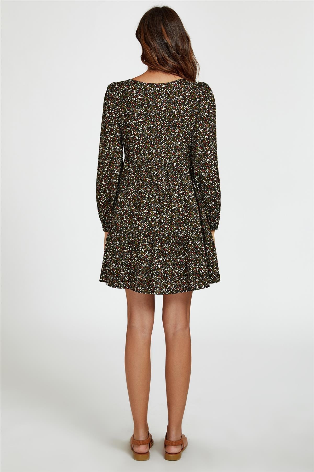 Little Floral Print Square Neck Mini Dress In Black