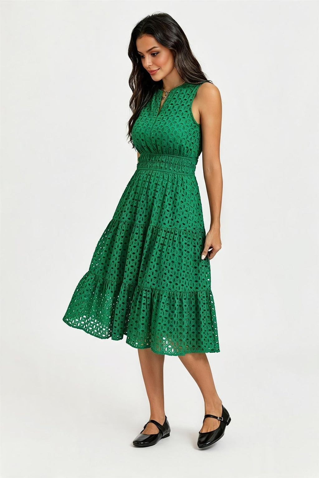 Sleeveless Broderie Anglaise Midi Dress In Green