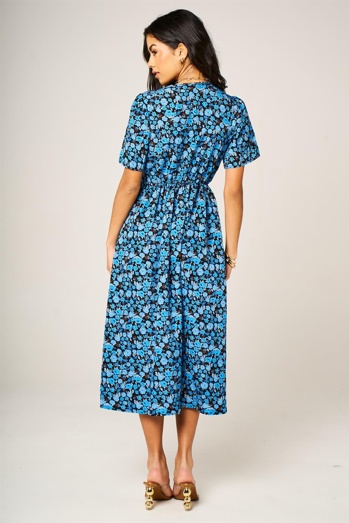 Floral Print Button Front Midi Dress In Royal Blue