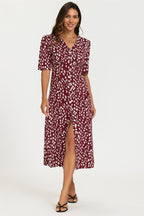 Brushstroke Print Button Front Midi Dress In Burgundy