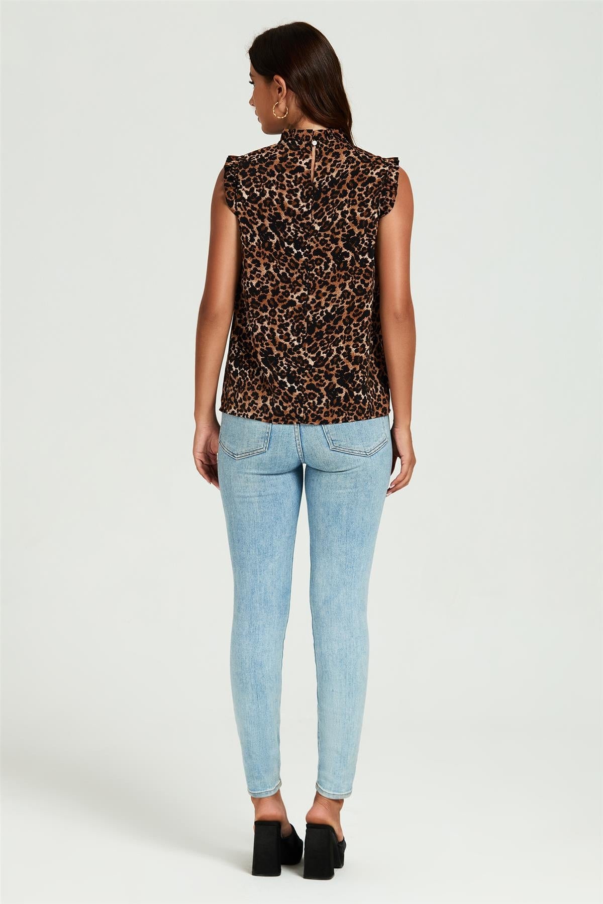 Leopard Print Frill Trim Sleeve Frill Neck Blouse Top In Brown