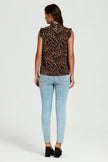 Leopard Print Frill Trim Sleeve Frill Neck Blouse Top In Brown