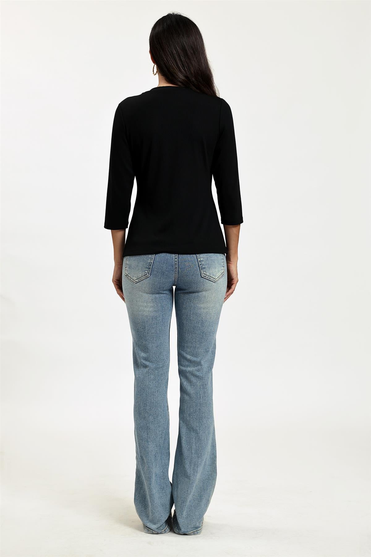 Button Through 3/4 Sleeve Jersey Cardigan Top Black
