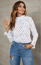 Polka Dot Print Frill Detail High Neck Top In White
