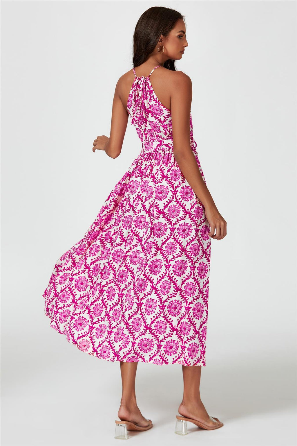 Floral Print Tie Halterneck Maxi Dress In Pink